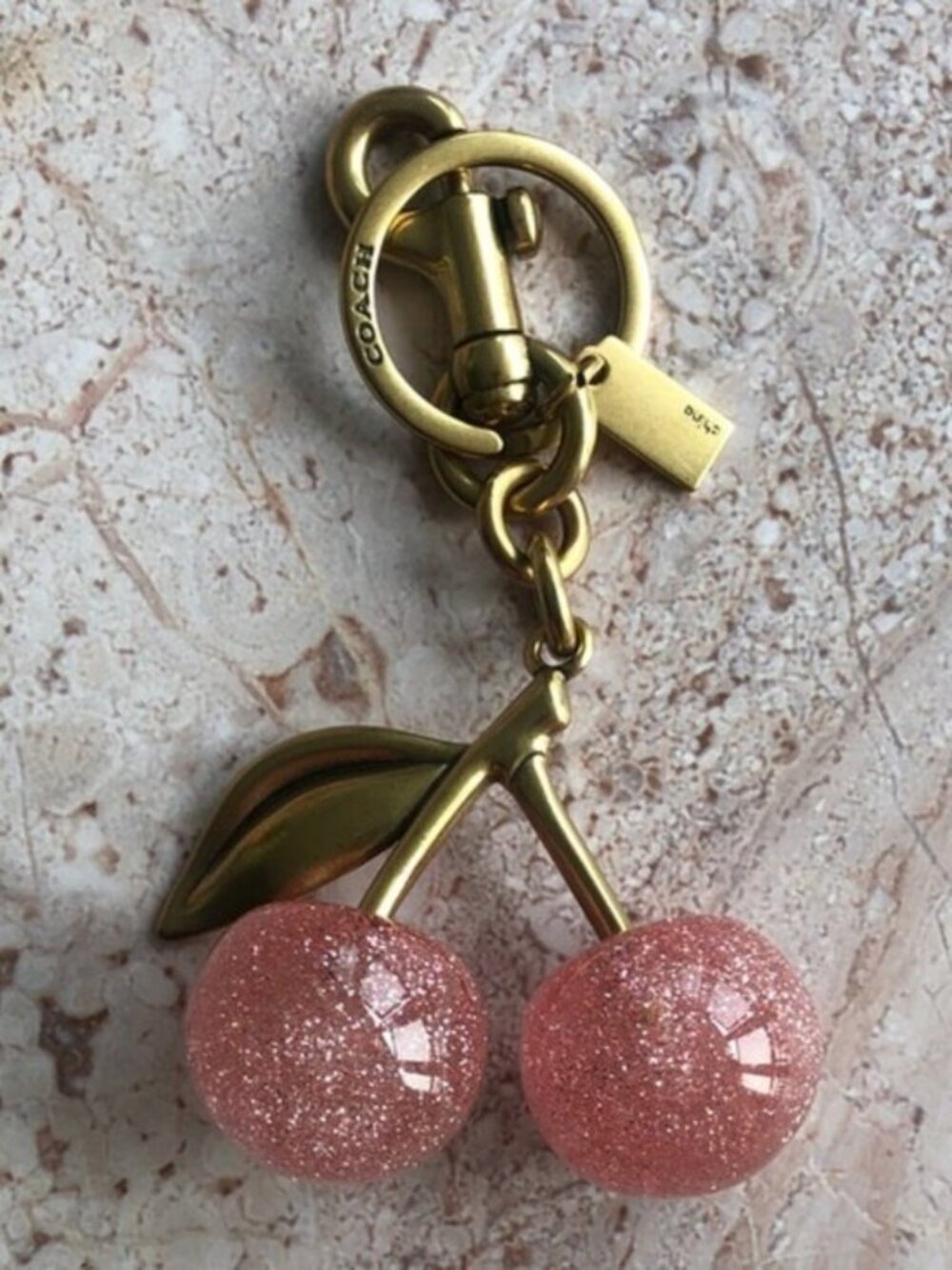 COACH Pink Glitter Cherry Bag Charm with Gold Hardware